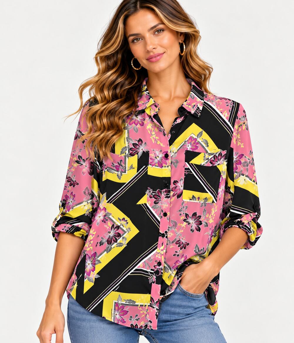 Apt. 9 Button-Up Blouse Women's Size M Abstract Floral Pockets Business Casual